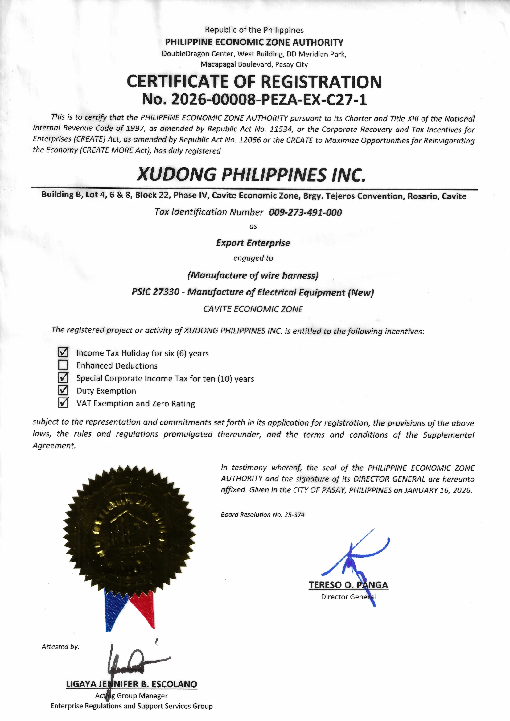 Certificat de înregistrare PEZA nr. 2026-00008-PEZA-EX-C27-1 — XUDONG PHILIPPINES INC.